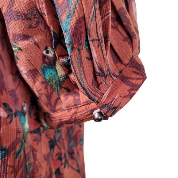 Anthropologie Maeve Liliana Orange Bird Pleated Button Down Blouse Size Medium - Picture 8 of 10